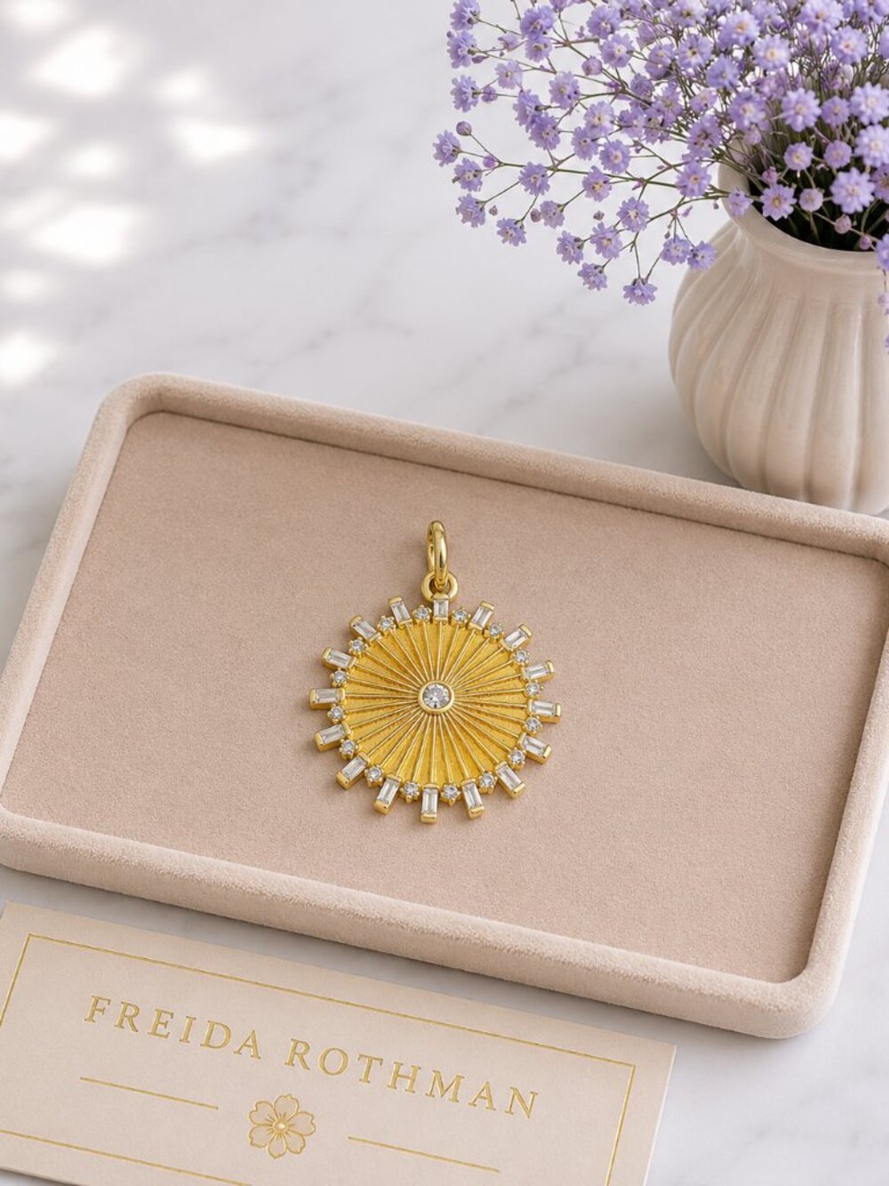 Freida Rothman Gold Sunburst Necklace Pendant w/ Baguette Stones